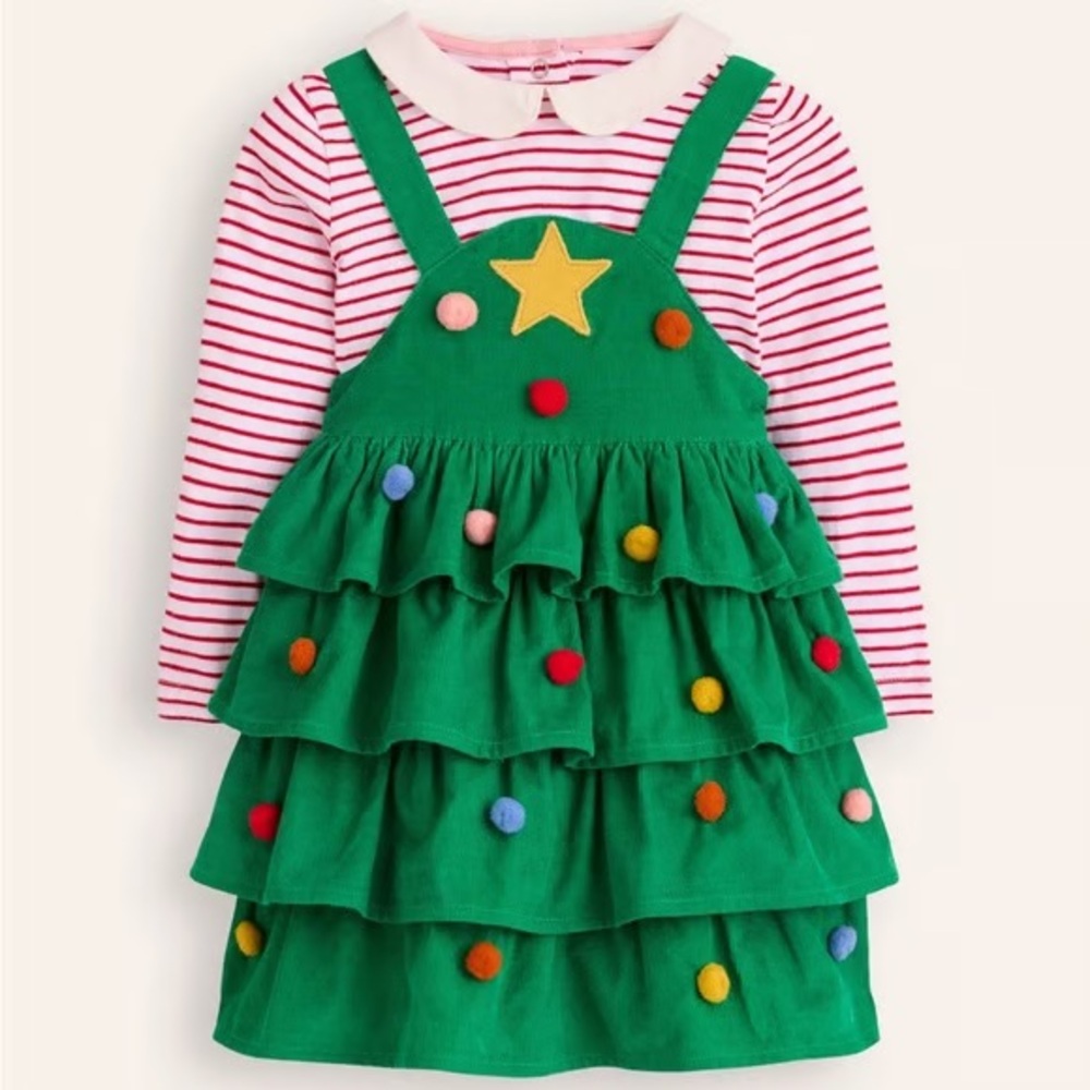 Mini Boden Christmas Tree Pinafore Dress and Shirt 2-3Y